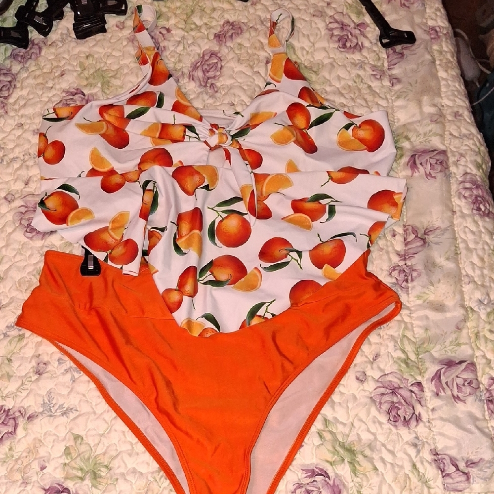 SHEIN Orange and White One Piece Swimsuit with Peach Print